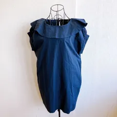 美品✨ サクラ SACRA チュニック ブラウス ワンピース ノースリーブ 大きめサイズ フリル 半袖 ボートネック シンプル ゆったり 体型カバー ネイビー 濃紺 薄手 サラサラ 日本製