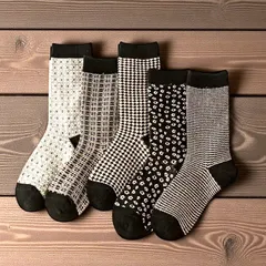モノトーン 柄 ソックス 5足 セット 北欧風 千鳥格子 幾何学 デザイン レディース