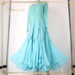 社交ダンス 衣装 スタンダード ドレス ワンピース パーティドレス 水色 lovely dancing ライトブルー系 レース 長袖 チョーカー セキネ 優雅な動き 二重スカート 光を纏うラインストーン 日本製 夏用 伸縮性あり 体型カバー フォーマル