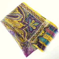 E エトロ ETRO スカーフ ペイズリー柄 シルク100% 黄 紫 イエロー 美品 51217Z34-5