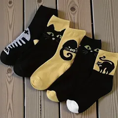 猫柄 ソックス 5足セット 新品未使用 レディース 靴下 黒×ベージュ 猫好きさんに