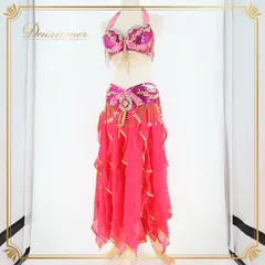 ベリーダンス オリエンタル 衣装 上下セット ピンク系 トップス スカート ベルト スパンコール ビーズ フリンジ 黄 金 透け感 豪華 装飾 華やか かわいい 鮮やか ダンス衣装 ステージ イベント レース イエロー系 ゴールド系