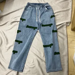 KOM ワイドパンツ　ルーズデニム　ストリートファッション　ユニセックス　Mサイズ　ライトブルー　緑