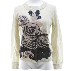 キャシャレル cacharel 花柄 長袖 ニット カーディガン S ベージュ ミックス ジップアップ リブ 毛 ウール