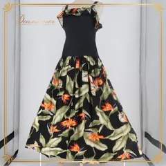 フラダンス 衣装 ワンピース ドレス ブラック系 キャミソールワンピース バードオブパラダイス柄 フリル かわいい 華やか 鮮やか 大人っぽい 黒 橙 緑 ハワイアン アロハ ハワイアンプリント フラ ダンス レッスン 練習 レディース おしゃれ