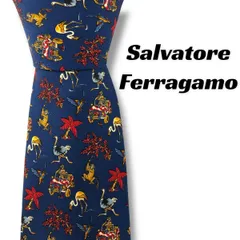 【7677】良品！フェラガモ　ネクタイ　ネイビー系　アニマル柄