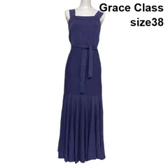 ◇ グレースクラス Grace Class ニットキャミワンピース マキシ丈 ノースリーブ フレア ウエストタイ 紫系 麻 38 M 9号 レディース S6A253