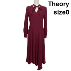 ◇ セオリー Theory ロングスリーブドレス ボウタイ ロング丈 フレア アシンメトリー ドレープ バーガンディー 0 XS 5号 レディース S6A254