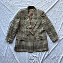 ダブルブレスト テーラードジャケット 日本製 チェック柄  15+号(大きめ) ウール混/アクリル混 キュプラ裏地 グレージュ×ブラウン×ブルーグリーン 90s〜Y2K グランジ/アメカジ/ストリート 古着