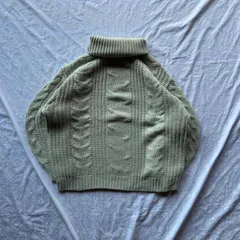 00’s ケーブル編み ロールタートルニット M くすみセージ/ライトカーキ アクリル100% 立体編み ゆるだぼ グランジY2K アメカジ ストリート 古着