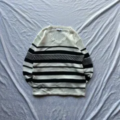 モノトーン ボーダーVネックニット L 生成り×黒 ジャカード切替 00s/Y2K グランジ ストリート アメカジ セーター