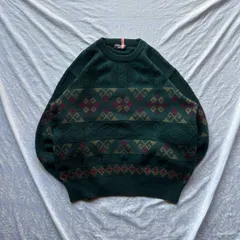 ウール100% 総柄ニット ダークグリーン×ボルドー 幾何学ボーダー セーター メンズL〜XL相当 90s y2k グランジ アメカジ