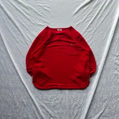 90~00's 日本製 レーヨン混 赤トップス 胸ポケットボタン ボートネック風 長袖 カットソー Y2K グランジ ストリート モード 古着