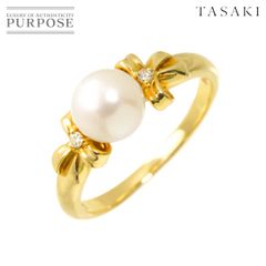 タサキ TASAKI 11号 リング アコヤ真珠 6.6mm ダイヤ 0.02ct K18 YG イエローゴールド 750 パール 指輪 リボン Akoya pearl Ring 90306808