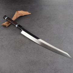 6254切付型 特大牛刀 尺一 刺身包丁 両刃 黒檀黒水牛角二本銀巻八角柄