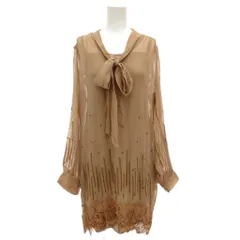 グレースコンチネンタル GRACE CONTINENTAL ボウタイワンピース シアー 36 長袖 ひざ丈 レース ペチキャミ付 ビジュー装飾 ベージュ /GV ■YHS9