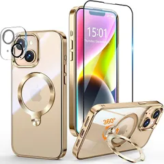 【新品】 【三重保護セット！上品なメタリック光沢】OYR iPhone 13/14 用 クリア ケース Magsafe 対応[360°回転CD スタンド・10 万回開閉テスト][メッキバンパー・iPhone専属色][カメラ保護とガラスフィルム付き]ストラッ