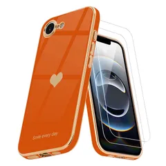 【新品】 Teageo iPhone 16e 用 ケース 【1枚ケース+2枚ガラスフィルム】 全面保護 女の子 可愛い おしゃれ ハート スマホケース 薄型 耐衝撃 落下防止 メッキ加工 アイフォン 16e 適用 保護カバー(オレンジ)
