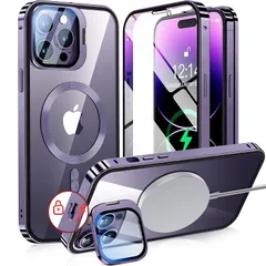 【新品】 【カメラレンズ保護・スタンド一体】NIANGUO iPhone14 Pro 用 カバー MagSafe対応 クリア 両面 【ロック付き・アクションボタン】 隠しカメラスタンド アイホン14プロケース 9H強化ガラス メタルフレーム ストラップホー 1