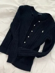 ポロ ラルフローレン ネイビー なみなみ柄 XL (S ガールズ ウィメンズ ケーブル編み ラウンド カーディガン キッズ