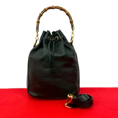 極 美品 GUCCI グッチ オールドグッチ ヴィンテージ バンブー ロゴ 金具 レザー 本革 巾着 2way ハンドバッグ ショルダーバッグ 黒 27143