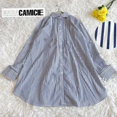 【NARACAMICIE/ナラカミーチェ】イタリア製ロング丈タックシャツブラウス チュニック ストライプ柄 ベルトループあり ストレッチ 長袖 Aライン 青×白 クリーニング済み