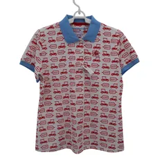 【美品】le coq sportif(ルコックスポルティフ) ポロシャツ 白赤カート柄 レディース LL ゴルフウェア 2511-0197 中古