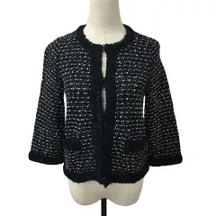 ボールジー BALLSEY トゥモローランド ジャケット ノーカラー シングル ニット ラメ ツイード調 七分袖 38 黒 白 ブラック ホワイト