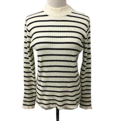 ディスコート Discoat セーター ニット プルオーバー ハイネック ボーダー リブ 長袖 L 白 黒 ホワイト ブラック