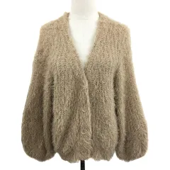 ミスティック mystic カーディガン ニット Vネック シャギー ミドル丈 長袖 F ベージュ 茶 ブラウン