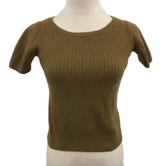 ヒューマンウーマン HUMAN WOMAN セーター ニット ラウンドネック プルオーバー リブ 無地 ウール 半袖 M 茶 ブラウン