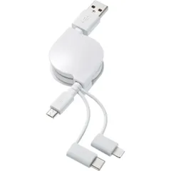 ＳＡＮＷＡ　ライトニング・Ｔｙｐｅ−Ｃ・ｍｉｃｒｏＢ巻取りＵＳＢ３ｉｎ１ケーブル０．８ｍ