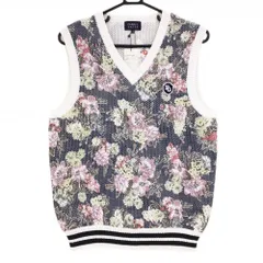 【新品】パーリーゲイツ ニットベスト ネイビー×白×マルチカラー 花柄 メッシュ調 Vネック メンズ 5(L) ゴルフウェア PEARLY GATES