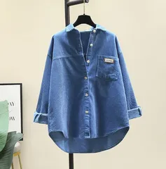 【ブルー】レディース コーデュロイ シャツ オーバーサイズ 長袖 秋冬春 羽織り 無地 カジュアル トップス ビッグシルエット ゆったり トレンド