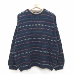 L/古着 長袖 セーター メンズ 90年代 90s 手織り コットン クルーネック USA製 紺他 25nov28