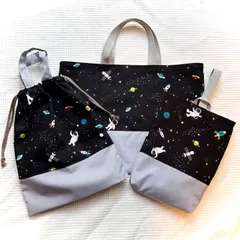 🅝🅔🅦 【3点セット】宇宙  ✖️ ブルーグレー　／ お手提げ・上履き入れ・お着替え袋 ／ レッスンバッグ　／  男の子　ブラック　ブルー　くすみ