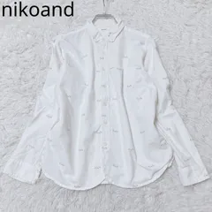 ニコアンド　シャツ　ボタンダウン　ラウンドヘム　総柄　イラスト　シンプル　カジュアル　ホワイト　サイズ3  Mサイズ相当