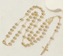 14kgf ロザリオネックレス ゴールド メダイ クロス キリスト 6mm ビーズ ボールチェーン 奇跡のメダイ マリア 14金 チェーン 金色 送料込