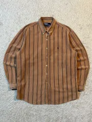 XL 90's ポロラルフローレン ブラックポニー コーデュロイ ストライプ シャツ ブラウン