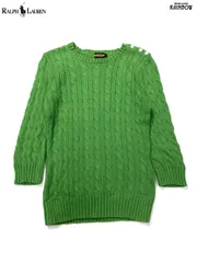 古着 RALPH LAUREN ラルフローレン ケーブル編み 無地 コットン100％ 長袖 ニット セーター 緑 (ttu2601096)