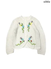 古着 花柄 刺繍 パール スパンコール 前開き 長袖 ニット カーディガン 白 (ttu2601194)