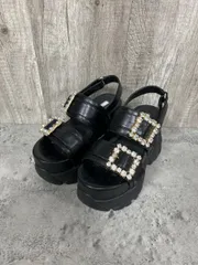 Ｒ＆Ｅ 厚底 ラバー ビジュー バックルベルト サンダル size22～22.5ｃｍ/黒 ■◆ レディース