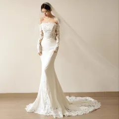 ウェディングドレス 花嫁 二次会 ウエディングドレス 結婚式 ロングドレス マーメイドライン レース 長袖 オフショルダー 挙式 披露宴