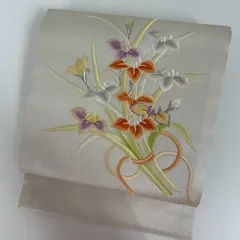 名古屋帯 刺繍 花束 上品な加工 九寸 正絹 着物 MA-3215