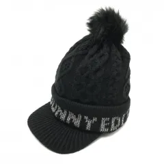 【超美品】パーリーゲイツ つば付ニット帽 黒×シルバー ケーブル編み ボンボンファー 内側起毛 FR   ゴルフウェア PEARLY GATES