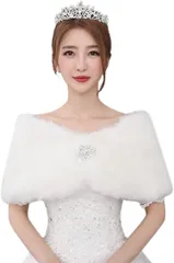 SSKRYL ふわふわ ケープ 肩掛け 胸元 ブローチ ドレス ボレロ フェイク ファー ストール ショール フォーマル (ホワイト)