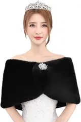 SSKRYL ふわふわ ケープ 肩掛け 胸元 ブローチ ドレス ボレロ フェイク ファー ストール ショール フォーマル (ブラック)
