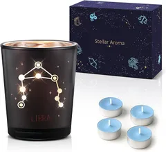 フェイスピーチ 12星座アロマキャンドル 誕生日プレゼント 女性 彼女 恋人 友達 クリスマスプレゼント 入学 卒業 送別会 ギフト 星座が灯るガラス型 無煙キャンドル4個入り 幻想的 癒しグッズプレゼント 化粧箱入り (てんびん座 ブルーベル)