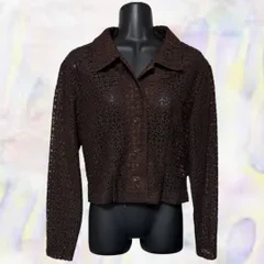 Film　ジャケット　ブラウン　レディース　長袖　花柄　透かし編み　レース　襟付き　羽織　ショート丈　フロントボタン　春