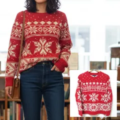 ざっくり厚手のローゲージニット◎【LANDS'END】ランズエンド クルーネック セーター ノルディック柄 アクリル ウール カジュアル デイリー タウンユース 古着MIX レッド 赤 レディース サイズM/M41285jYのサムネイル